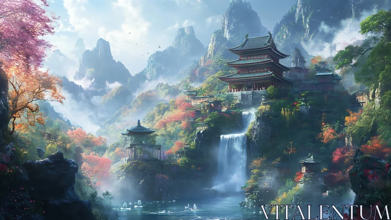 Multi-tiered mountain temples with cascading waterfall systems.