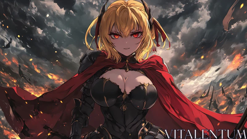 Armored demon warrior in red cloak dominates burning battlefield