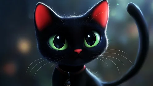 Black Cat with Glowing Green Eyes and Red Ears.
