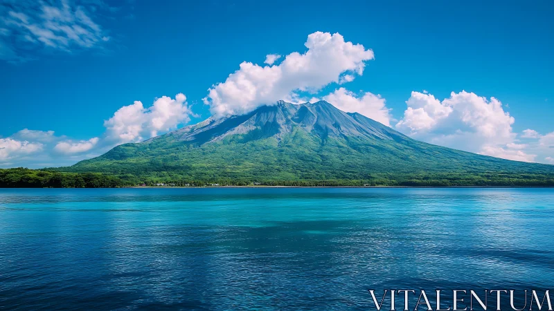 Volcanic island massif rises above cyan coastal shallows under cumulus