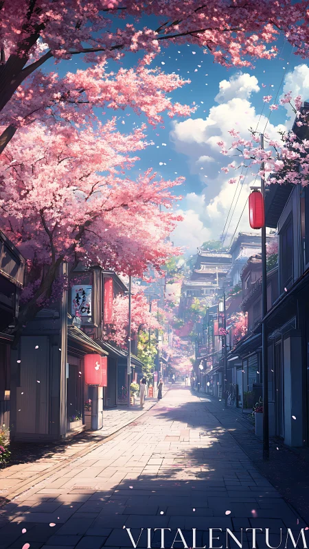 Cherry blossom street frames tranquil sunlit alleyway.