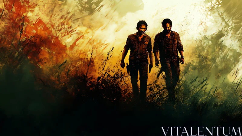 Dual armed figures advance through abstract, high-contrast wasteland