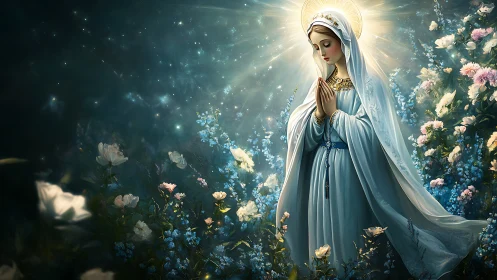 Radiant robed Madonna rendered in luminous floral digital realism