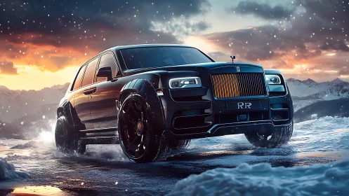Luxury black SUV with golden grille in dynamic snowy landscape