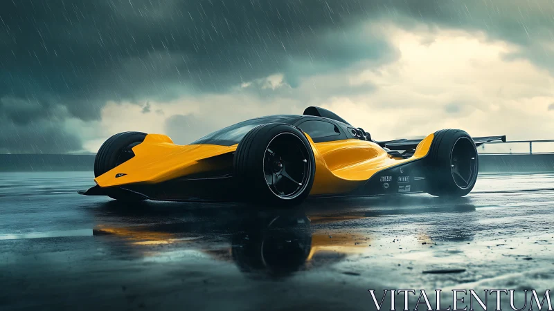 Futuristic yellow race car on wet track under storm clouds.