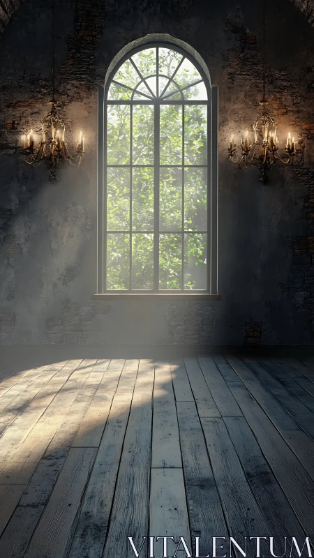 Sunlit arched window casts tranquil light across old floor
