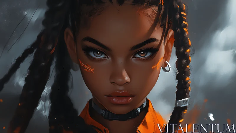 Fierce cyberpunk girl portrait with glowing orange braids.