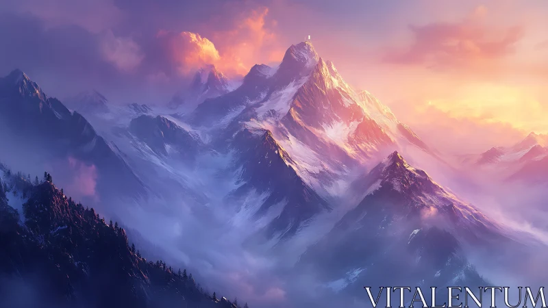 Sunrise carves amethyst fire across dreaming alpine crowns