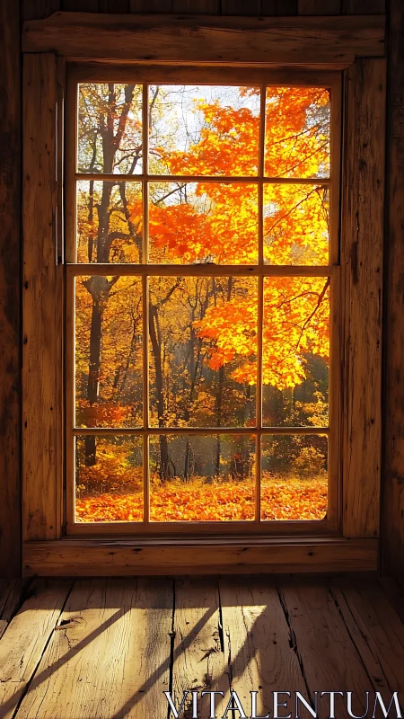 Golden autumn forest glows beyond rustic wooden window frame