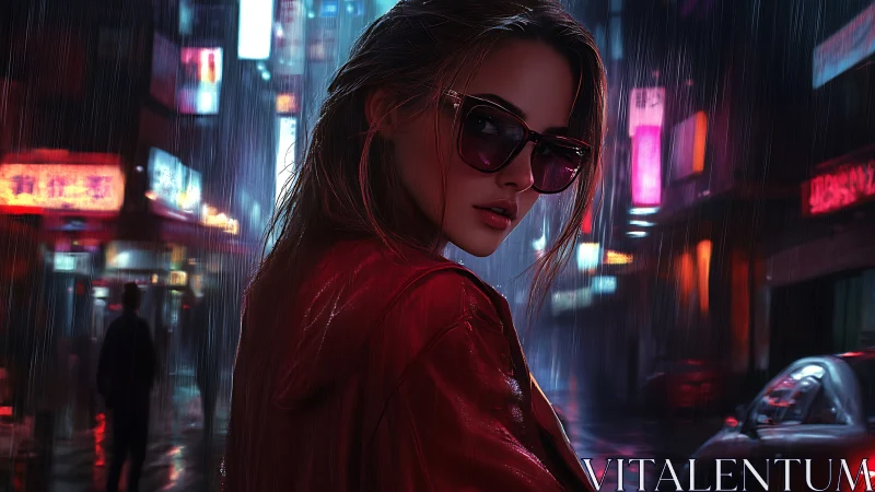 Neon-soaked woman in red coat under rain-slicked city lights.