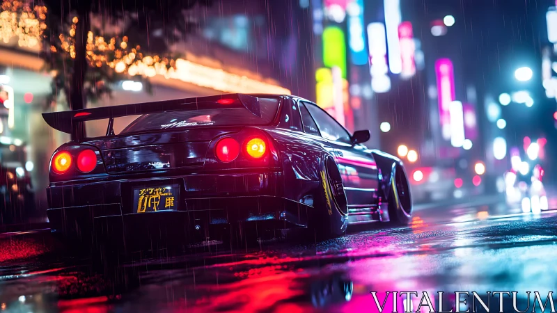 Modified sports coupe is parked on wet neon city street at night