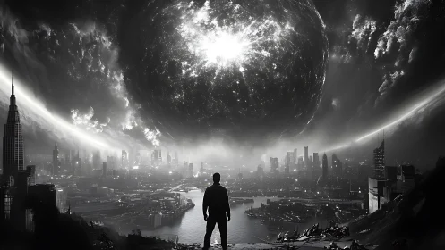 Monochrome sci‑fi cityscape with looming celestial singularity.