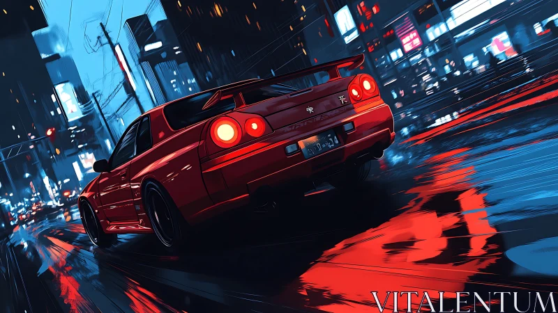 Red tuner car slices through neon lit rain soaked city street