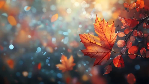 Red maple leaves in soft autumn bokeh light background.