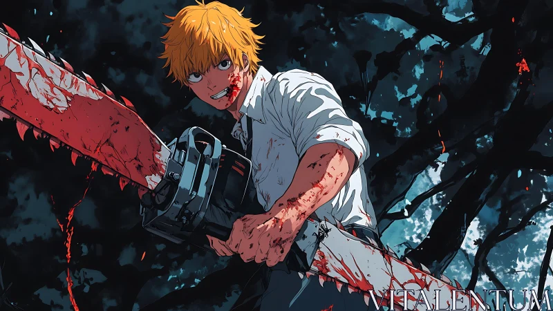 Bloodied anime boy grips chainsaw against dark tangled trees