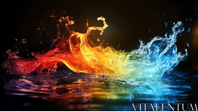 Tri-color liquid splash forms dynamic arc across water