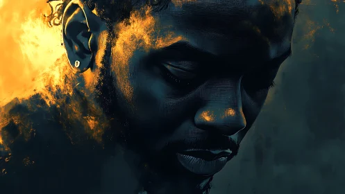 Pensive portrait glows with deep teal shadows and fire