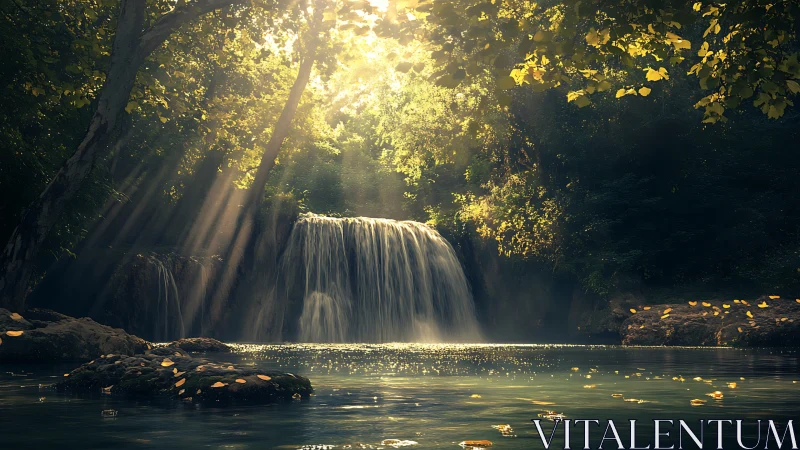 Sunlit forest waterfall with calm reflective pool below.