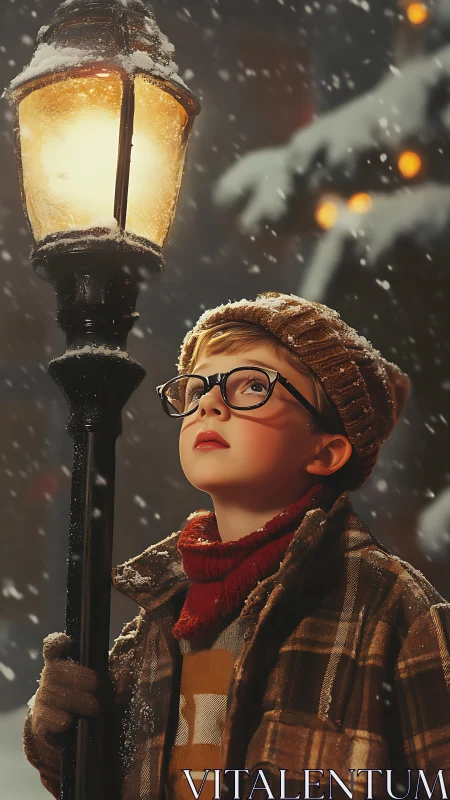 Boy in winter coat studies glowing lamppost snowfall.