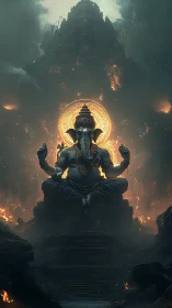 Majestic Ganesha statue radiates light amid mystical ruins