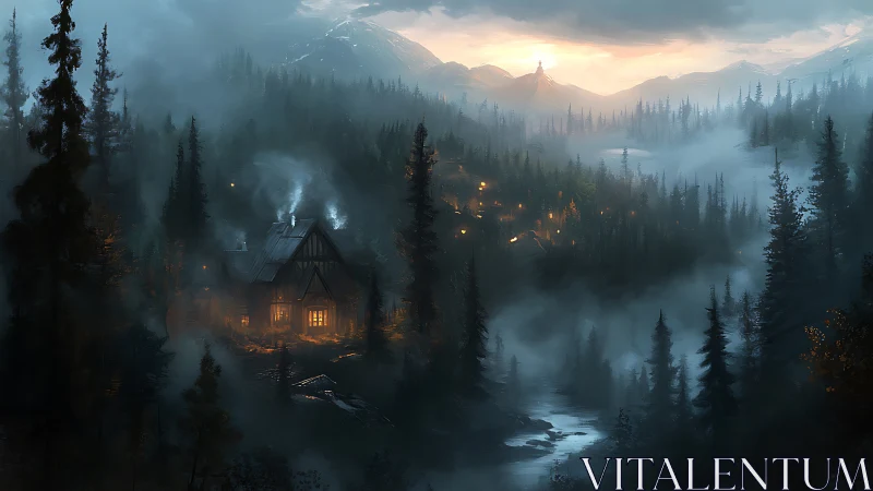 Warm cabin lights punctuate foggy alpine valley at dusk