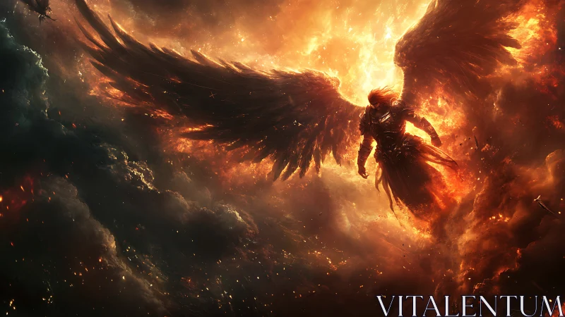 Fiery winged warrior descends through blazing storm clouds