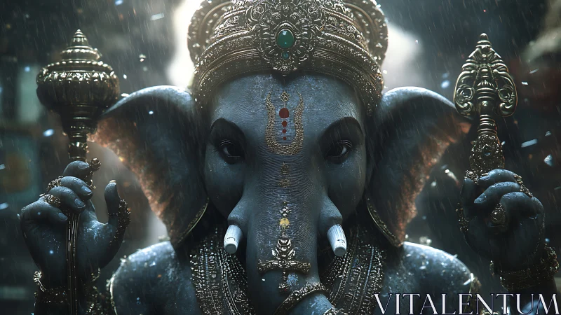 Divine elephant guardian breathes light through jeweled rain