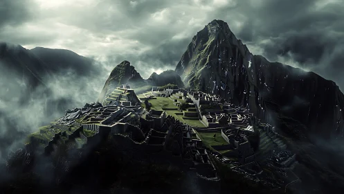 Misty mountain citadel rises calmly above drifting clouds