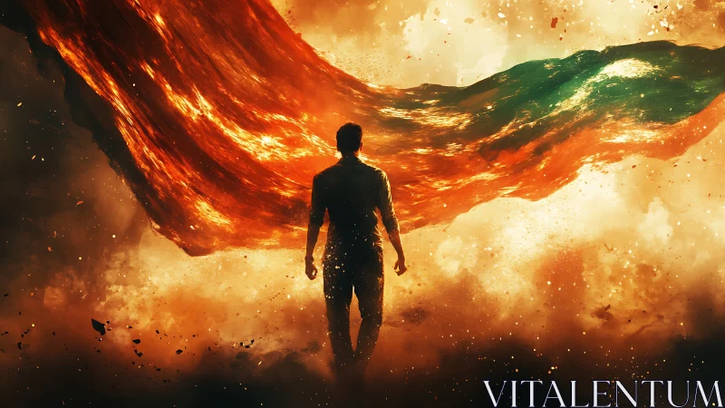 Silhouetted hero walks beneath blazing cosmic banner