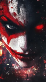 Sinister clown portrait over neon soaked cityscape.