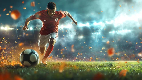 Soccer player sprinting toward ball on stadium field at night.