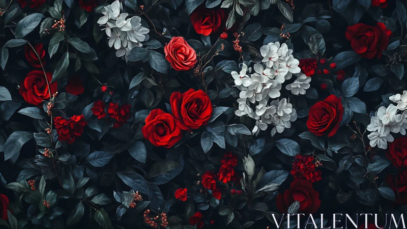 Crimson Blooms Dance Through Midnight Foliage