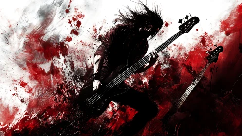 Silhouetted electric bassist against abstract red splashes.