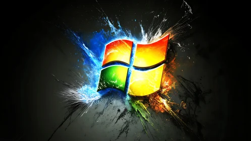 Windows logo explodes through dark space in neon shards.