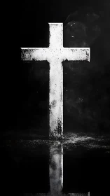 White distressed cross with dark reflection on black field.