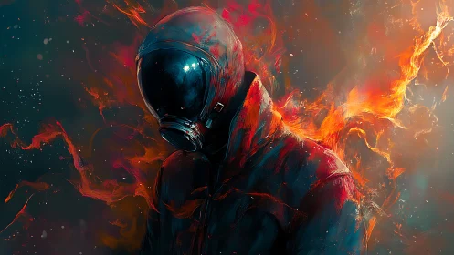 Cyberpunk inferno figure in reflective helmet digital painting.