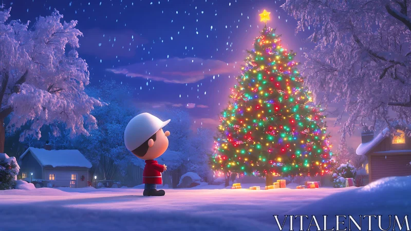 Child observing bright outdoor Christmas tree at night.