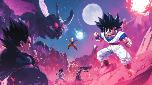 Cosmic warriors clash beneath twin moons and a blazing dragon.