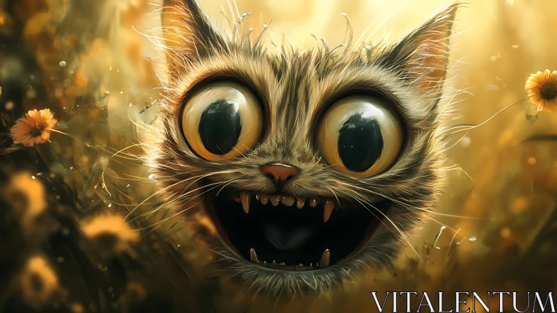 Hyperbolic feline portrait with oversized ocular distortion.