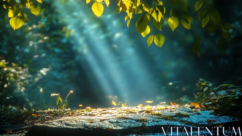 Morning Sun Rays Illuminate Peaceful Forest Floor, Nature Scene.