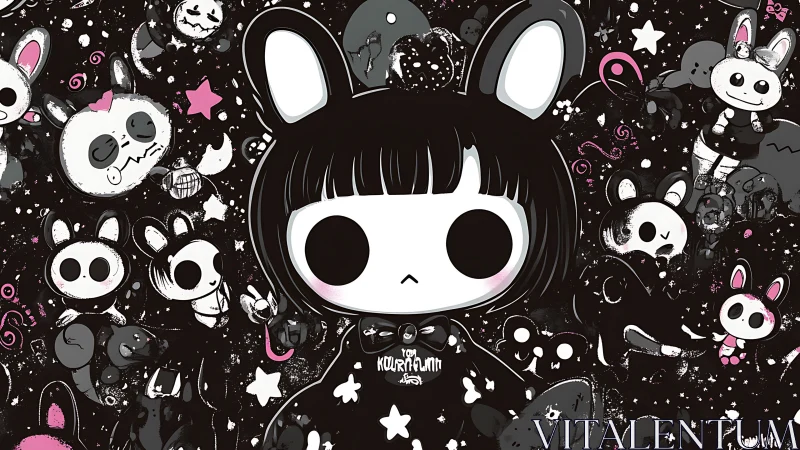Gothic bunny girl character stands among spooky rabbit icons