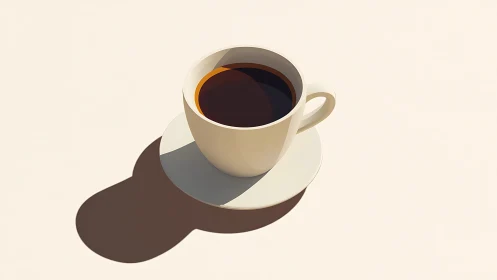 Minimalist porcelain coffee cup casts bold graphic shadow.