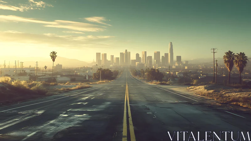 Sunlit open road leading warmly into the distant city skyline.