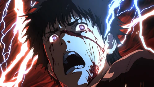 Electrified trauma portrait with hyperdynamic anime lighting.