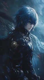 Blue haired guardian in dark armor beneath ethereal light.