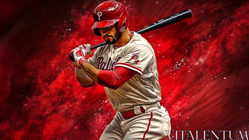 Digital portrait baseball batter in red explosive motion.