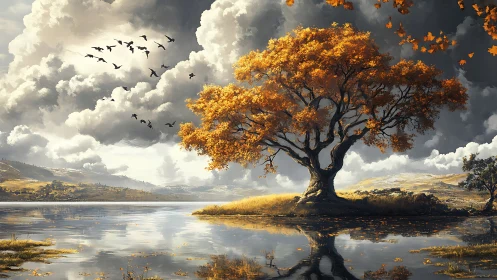 Autumn oak by reflective lake under cumulus storm buildup