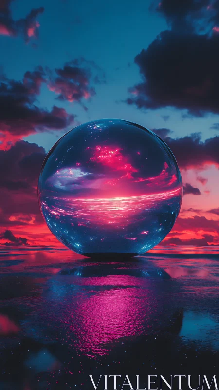 Luminescent crystal sphere reflects a surreal neon sunset