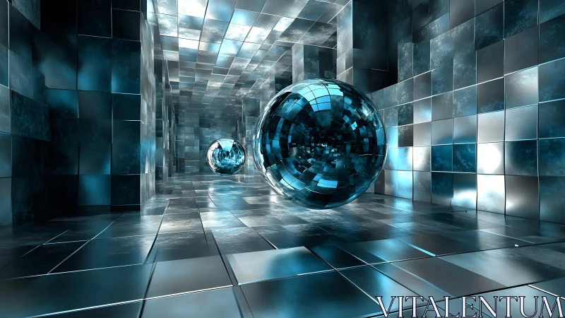 Chrome spheres float inside mirrored teal corridor space.