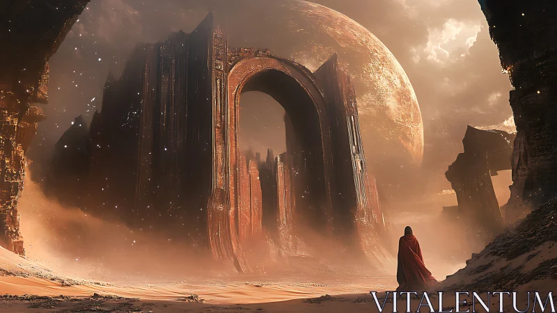 Wanderer in crimson before a colossal desert gateway.